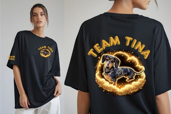 Schwarzes T-Shirt mit "TEAM TINA"-Aufdruck und stilisiertem Dackelmotiv.