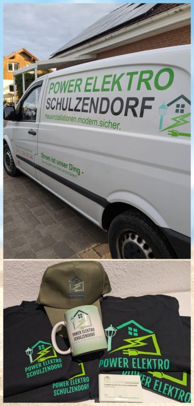 Fahrzeug mit Firmenaufdruck und Merchandise-Artikeln wie T-Shirt, Tasse und Mütze.